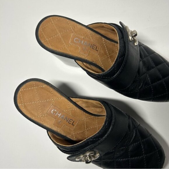 Chanel Black Clog Quilted Mule Leather Turn Lock Size 37.5 - Picture 14 of 14
